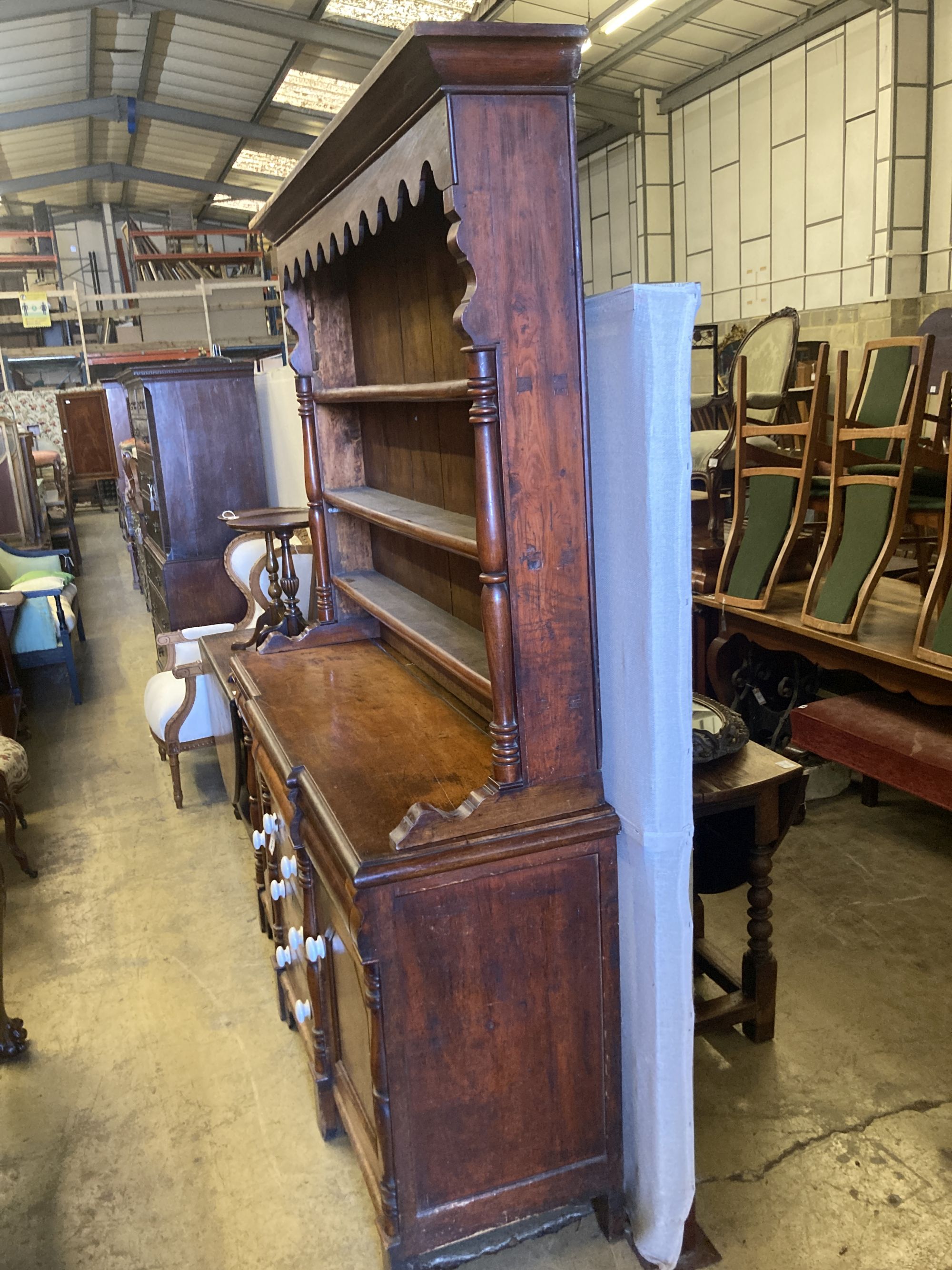 A Victorian North Country mahogany and pine breakfront dresser, width 165cm, depth 49cm, height 217cm